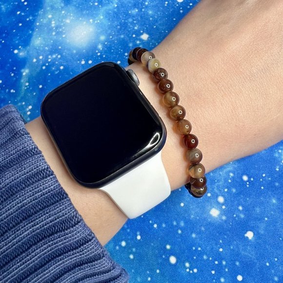 Unisex 6mm Dark Coffee Striped Agate Natural Stone Beaded Rope Bracelet NEW - Picture 2 of 7